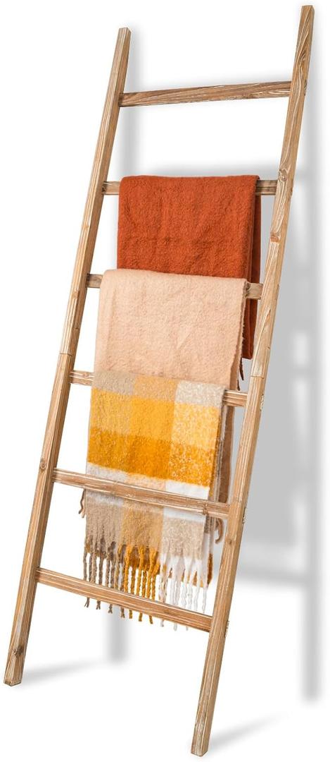 Blanket Ladder Shelf 6.4FT, Solid Wooden Blanket Ladder for Living Room, 6-Layer Farmhouse Rustic Towel Rack for Living Room Bathroom (24 inch Wide)