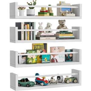 23.6" Wall Book Shelves for Kids - Floating Nursery Book Shelves Set of 4, White Wall Mounted Bookshelf for Kids Room, Toddler Bedroom Furniture & Toy Storage