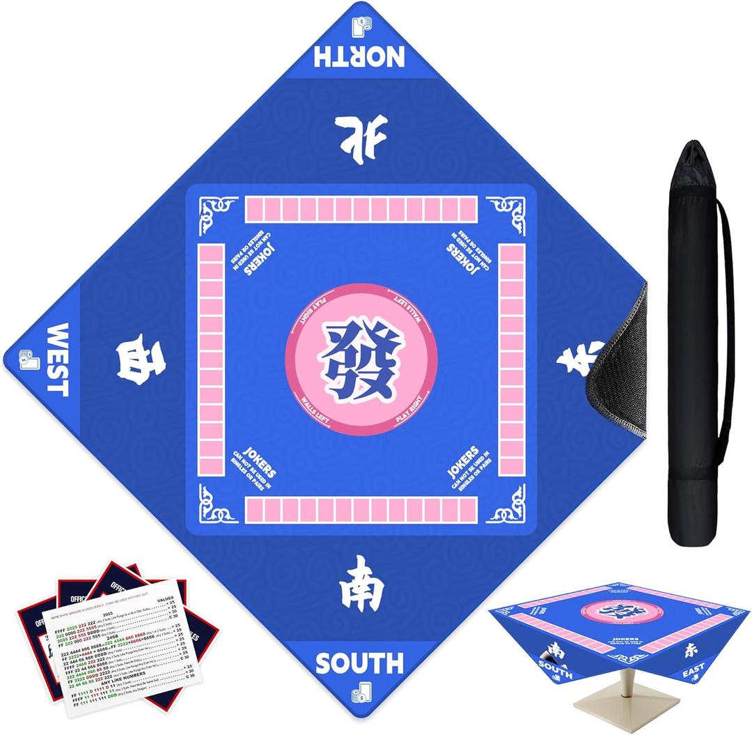 Mahjong Mat, 43.3 * 43.3 in Super Large Mahjong Mat, Non-Slip Noise Reduction Mahjong Mat Has an Innovative Storage Design, Suitable for Mahjong/Poker/Table Games and Other Table Games (Blue)