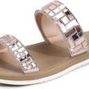 ONCAI Women's Slide Sandals Trendy Square Summer Flat Dressy Sandals for Women 2025 Cross Strappy Open Split-Toe Ring with Slip-on Rubber Soles (Beige)