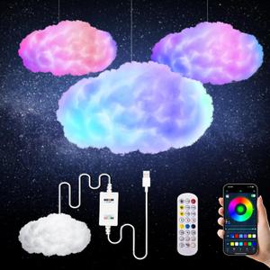oooYYDSxxx 2 Pack 3D Cloud Lamps Set with APP Control, 24" Big Cotton Ceiling Lights, Music Sync & 16M RGB Color Changing, Wireless Remote for Bedroom Decor, USB Powered  White & Multicolor Combo