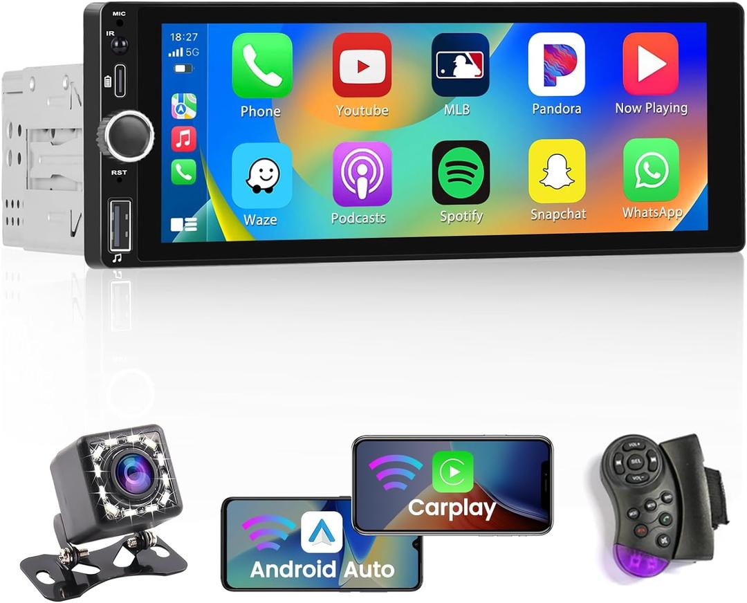 Hikity 6.86 Inch Wireless Carplay Car Stereo Single Din Touchscreen Car Radio with Bluetooth 5.0 Android Auto Mirror Link Type-C Car Audio Receiver with USB GPS AUX EQ