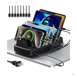 510W Fast Charging Station for Multiple Devices, 10 Port USB C Charger Station with Flame-Retardant Material & 8 Cables for iPhone, Android, iPad, Tablets, Family Office Desk Charging Dock Organizer