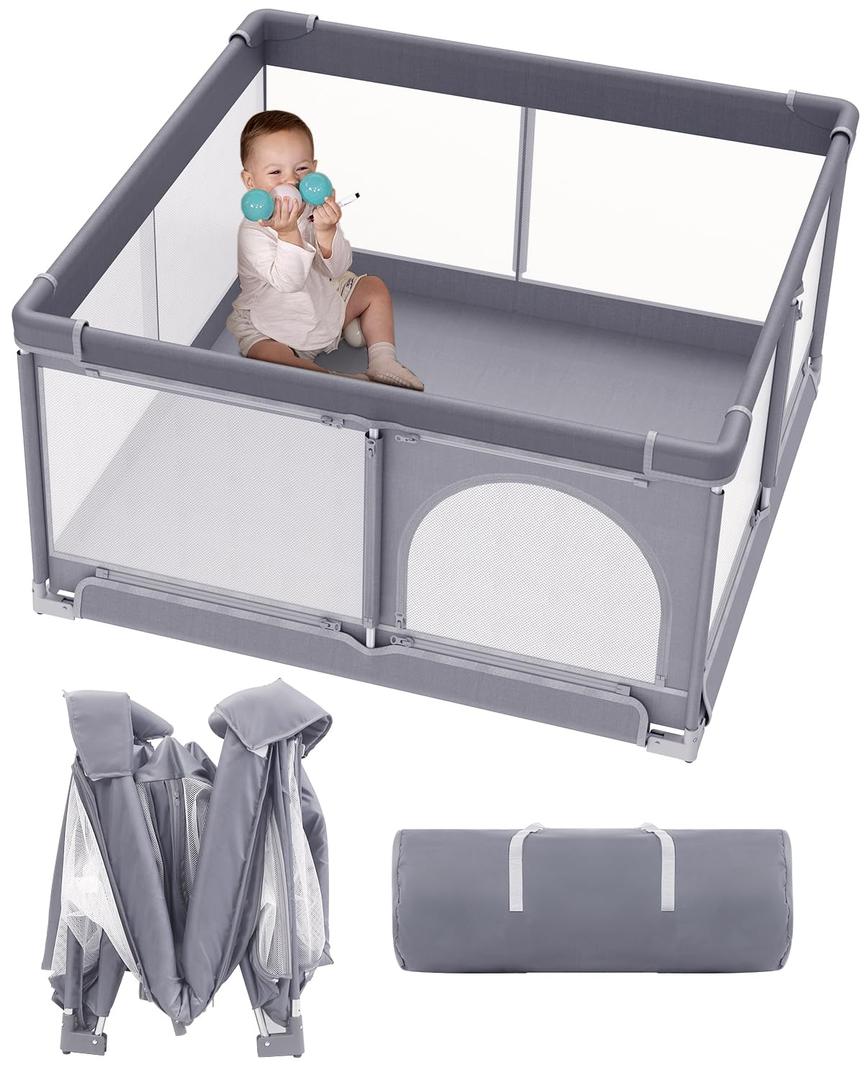 Foldable Baby Playpen, Extra Large Collapsible Play Yard for Babies & Toddlers, Portable Travel Playpen with Gate, Safe Indoor & Outdoor Activity Center (51"51" Gray)