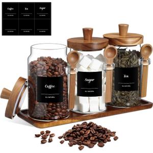 Suclain 3 Pcs Glass Coffee Container with Wooden Lid Spoon Shelf Labels Clear Airtight Jar Food Storage Canister Set for Sugar Spice Coffee Bean Holder Housewarming Gift(25 oz,Acacia Brown)