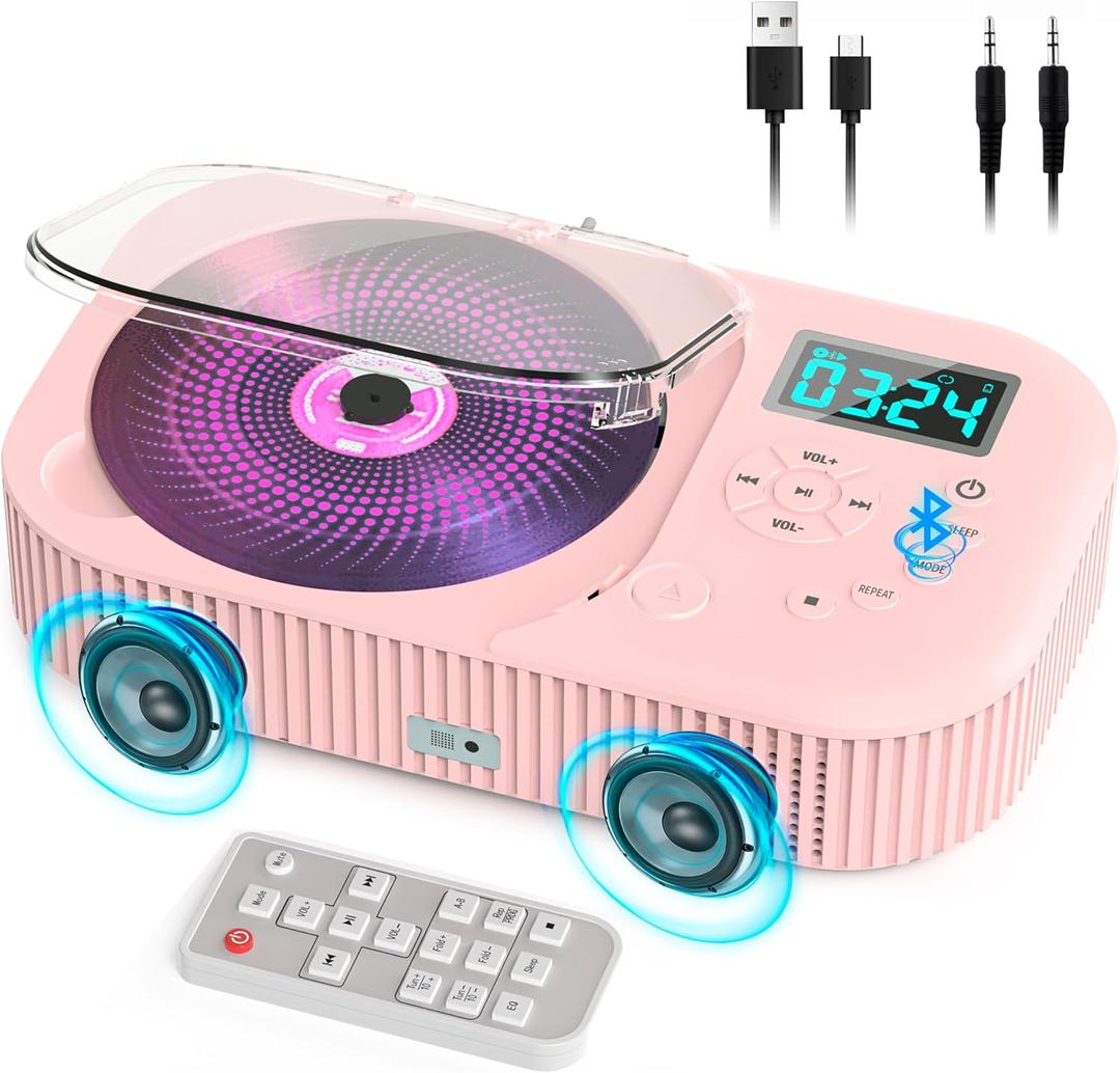 Greadio Portable CD Player with Speakers  Rechargeable Bluetooth Pink CD Player for Kids & Car, 2000mAh Anti-Skip, FM Radio/USB/AUX/Remote Control, Stereo Sound, Timer