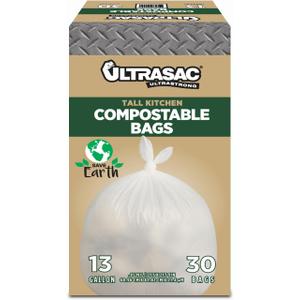 Ultrasac 13 Gallon 0.85 MIL Clear Compostable Trash Bags - 24" x 33" - Pack of 30