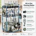 Cleaning Supplies Organizer Cart with Wheels, Broom and Mop Holder with 5 Grippers, 6 Hooks, 3 Shelves, Rolling Broom Closet Storage Rack for Laundry Room, Kitchen, Bathroom, Garage, Poolside