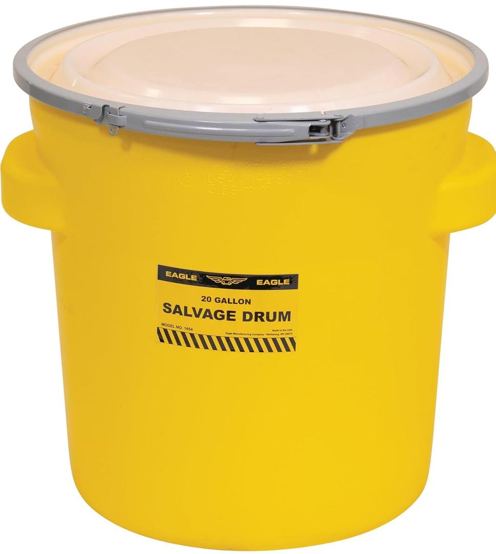 Eagle 20 Gallon Plastic Drum with Lid, Metal Lever-Lock, 20.4"x20.9", Salvage Drum Made of Durable, Lightweight HDPE, Withstands Weather and Chemicals, Made in USA, Yellow, 1654