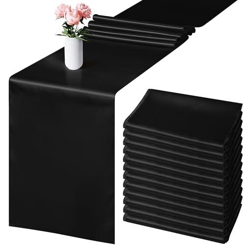 Aneco 12 Pack Satin Table Runner 12 x 108 Inch Black Long Wedding Satin Silk Table Runner for Wedding Banquet Graduations Birthday Party Decoration