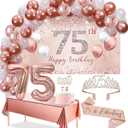 Trgowaul 75th Birthday Decorations Balloon Set Women's Arch, Rose Gold 75th Birthday Banner and Party Tablecloth, Belt and Tiara, Pink Gold 75th Balloon, Pink Birthday Cake Top, Latex Balloon * 60