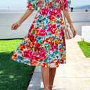 PRETTYGARDEN Women's Summer Casual Dresses 2025 Spring Puff Sleeve Square Neck A-line Flowy Boho Floral Smocked Midi Dress (M)