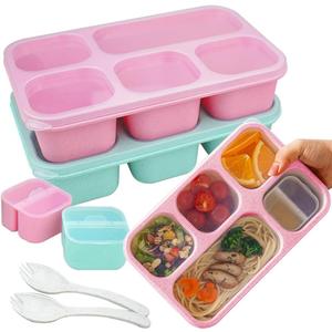 Bento Lunch Box Containers for Adults, Snackle Box Container with 2 Sauce Containers and Spoon, 2-Reusable Meal Prep Containers for Work, Travel (Pink/Green)