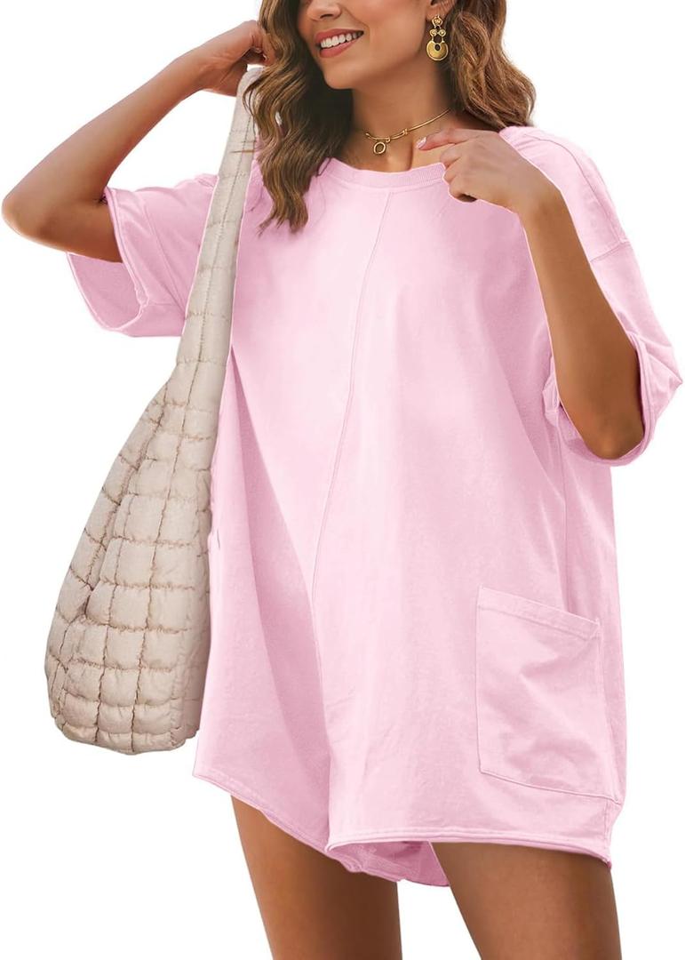 Glamaker Women's Summer Oversized Tee Romper Casual Workout Athletic Romper Onesie Backless Loose Shorts Jumpsuit Overalls (Medium, 1#light Pink)