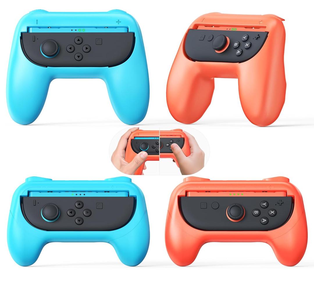 [Both for Switch 2 and 1] FYOUNG Grips for Nintendo Switch 2/1/OLED Controller, Handle Holder for Joycon 2&for Joy con, Dual Size Comfort Ergonomic Grip for Kids&Adults, Family Gaming Accessories (Orange Blue)