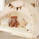 Twin Size Bed Tent Canopy, Kids Play Tent with Flags & Star Lights, Canopy on Bed Privacy Space Sleeping Blackout Tents, Indoor Breathable Portable & Foldable, Girls & Boys Gifts, Cream Tassels Style (Twin Size (78.7 x 38.5 x 49.6 in))