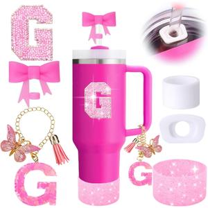 6PCS Pink Stanley Cup Accessories Set, Initials Decorations for Stanley Cup 30oz 40oz, Includes Bow Straw Topper, Handle Charm, Letter Sticker, Silicone Boot, Spill Proof Stopper (Letter G)