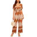 DUKAKII Women's Floral Jumpsuit Boho Jumpsuit Floating Short Sleeve V-Neck Elasticized Drawstring Jumpsuit with Pockets, M