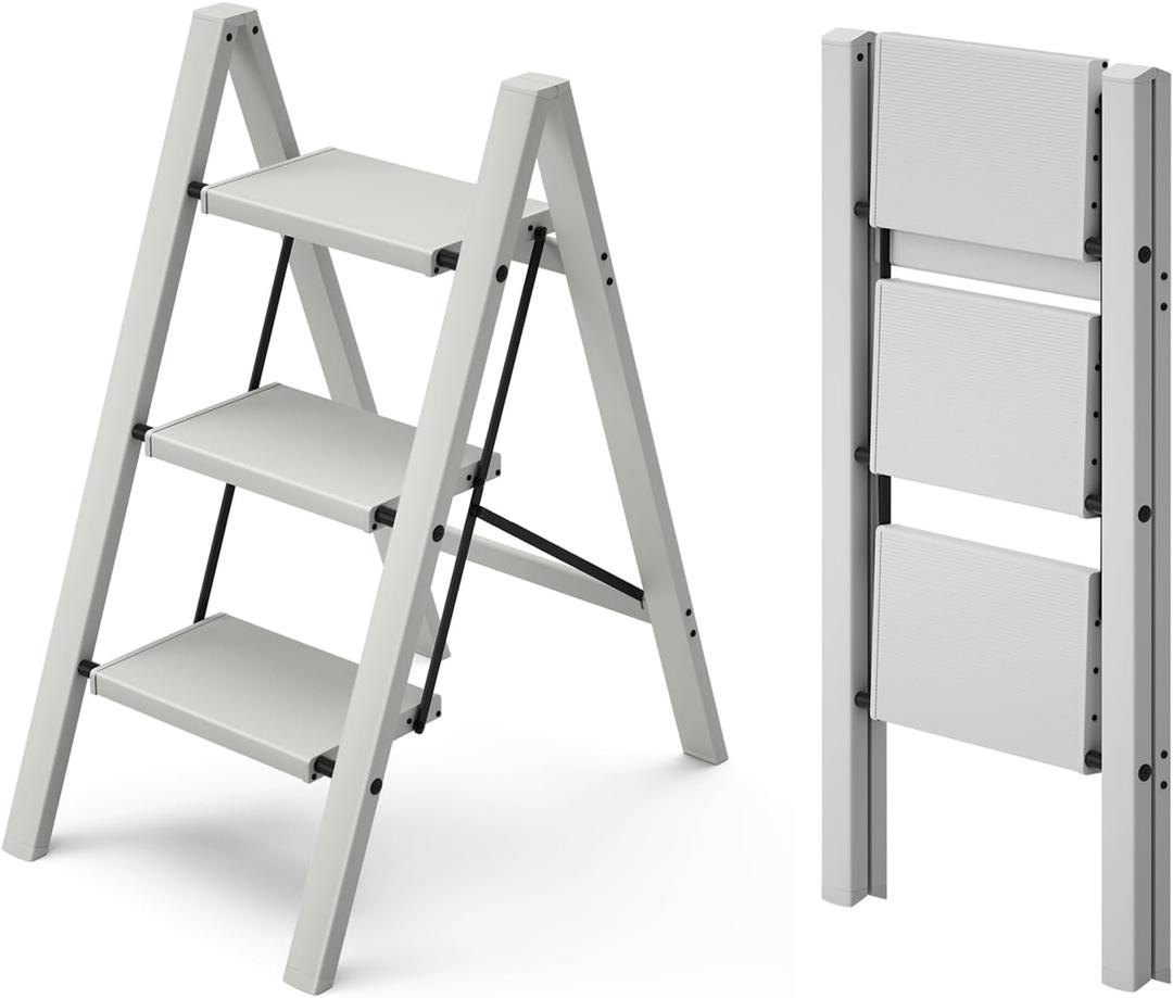 HillhutApex 3 Step Stool, Aluminum Foldable Step Ladder, Lightweight Stable Stool with Wide Non-Slip Pedals, 330lbs Bearing Capacity Ladder for Office,Home,Kitchen - Grey