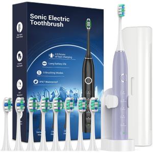 Rtauys S5 Sonic Electric Toothbrush for Adults with 8 Brush Heads, IPX7 Electric Toothbrush with Travel Case, 2.5 Hours Charge for 120 Days, 5 Modes with 2 Minutes Built in Smart Timer Light Purple