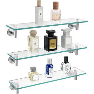 KES Glass Shelf for Bathroom, Floating Glass for Wall Shelves 20-Inch 3 Pack Rectangular Stainless Steel Brackets Wall Mounted Brushed Finish, A2021-2-P3, 20.08D x 5.71W x 3.19H in