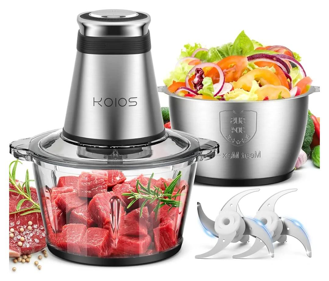 KOIOS Food Processor, 500W Electric Food Chopper with 2 Bowls (8 Cup+8 Cup) & 2 Bi-Level Blades&, Small Electric Grinder Meat Processor for Nuts, Meat, Onion, Garlic, Baby Food, Black