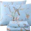 RYNGHIPY Egyptian Cotton Bed Sheet Set Blue Bird Botanical Pattern Bed Sheets Deep Pocket Fitted Sheet Tree Branches Print Bedding Soft Breathable (Light Blue,Queen Size)