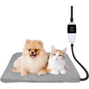 Pet Heating Pad for Cats & Small Dogs with 12 Adjustable Temperature, Waterproof & Chew Resistant Cat Heating Pad with Timer, Heated Cat Bed with Fleecy Cover (S: 20 x 16)