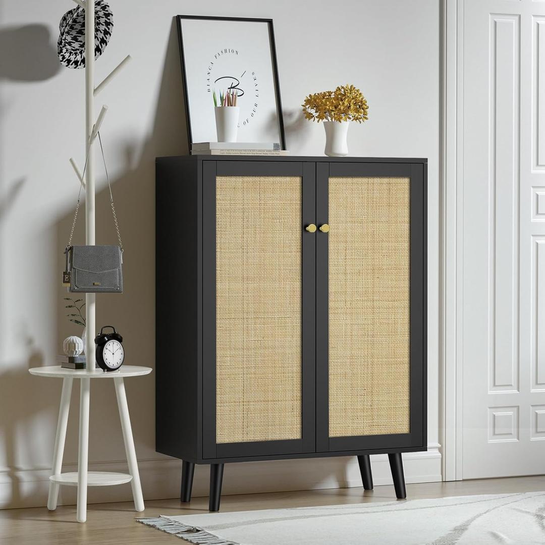 Giluta Tall Black Rattan Cabinet, 44" H Sideboard Storage Cabinet, Entryway Cabinets Wood 2 Door, Accent Cabinet with Adjustable Shelves Rustic