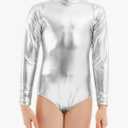 Girls Metallic Unitard Toddler Sparkly Tumbling Gymnastics Dance Leotard Mock Neck Long Sleeve Zipper Back Bodysuit Small
