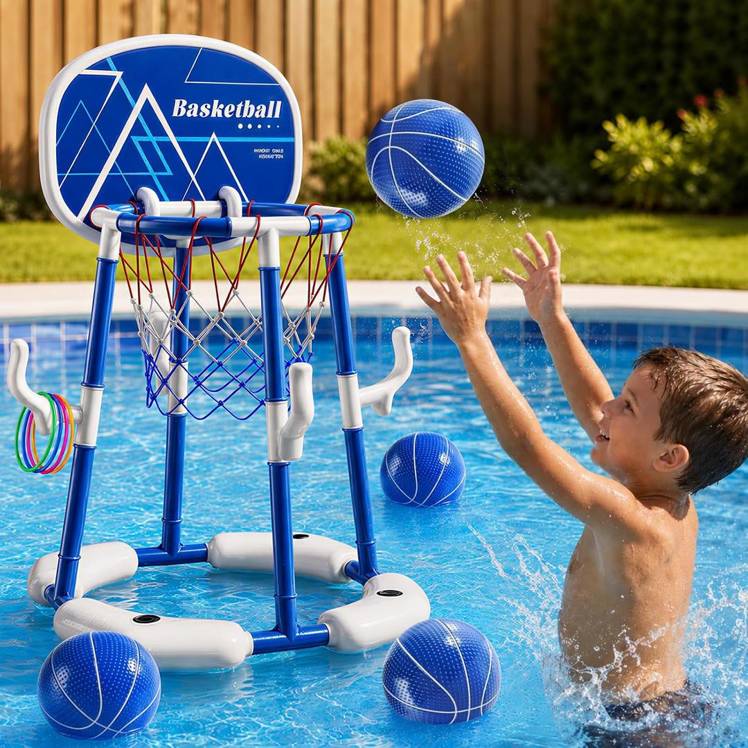 Pool Basketball Hoop with 4 Balls and Detachable Backboard, 2-in-1 Floating Pool Toys Ring Game with Pump, Anti-Tip Stable Base, 12 Rings, Outdoor Swimming Pool Games Toy for Party Kids Age 3-12