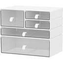 Yashong Desk Organizer Set, White & Clear Stackable Dustproof Storage Boxes for Desktop, Office, Bathroom, DIY Craft & Vertical Space Saving, Perfect for Makeup, Stationery Organization (5 Drawer)