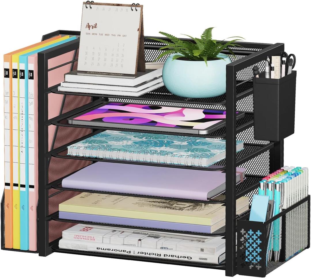 Simple Trending 6 Tier Desk File Organizer, Paper Letter Tray Organizer with File Holder and Pen Container, Black