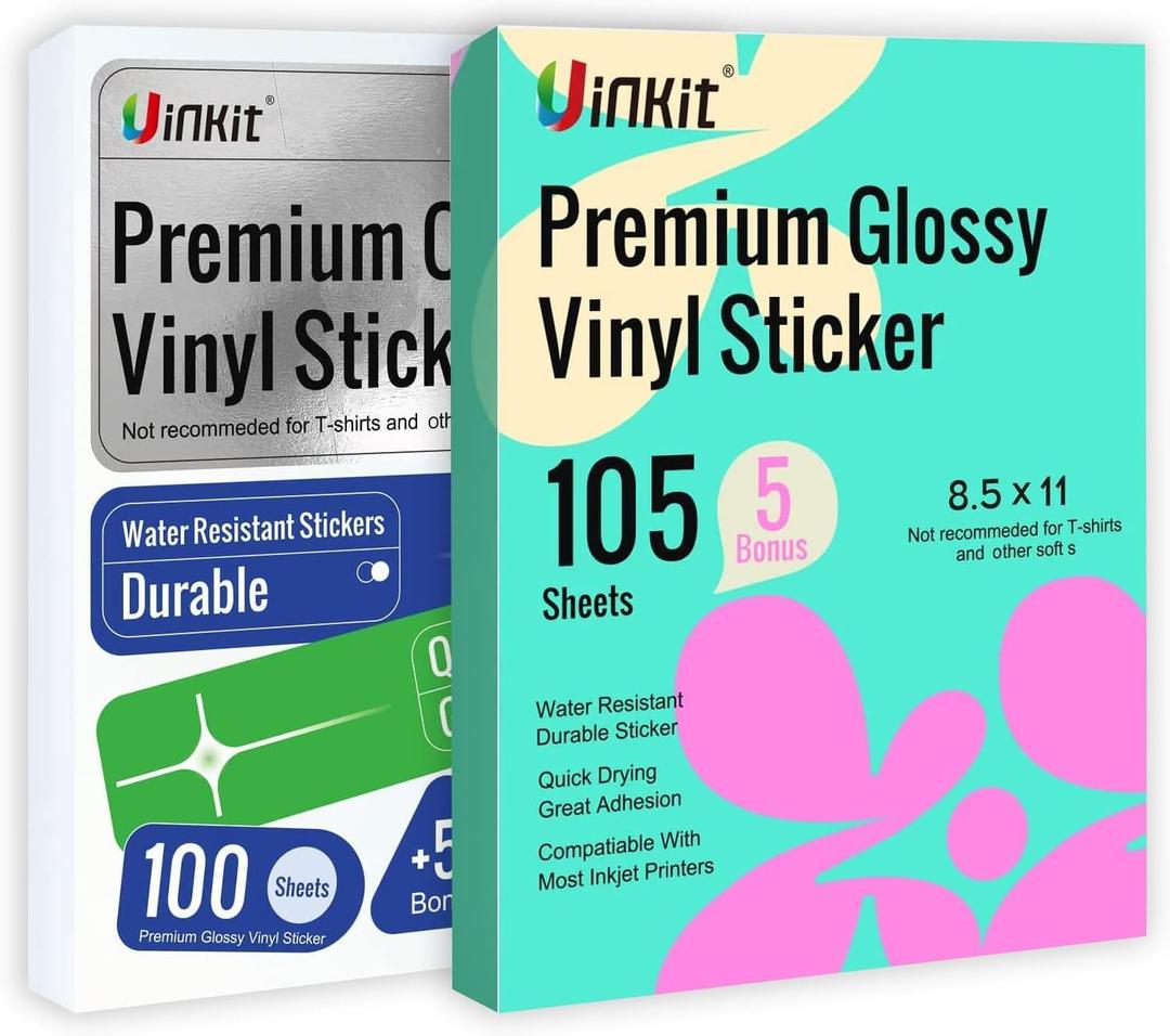 Uinkit Printable Vinyl Sticker Glossy and Tranparent each 105 Sheets For Inkjet Printer Cricut Machine For Handmade Crafts