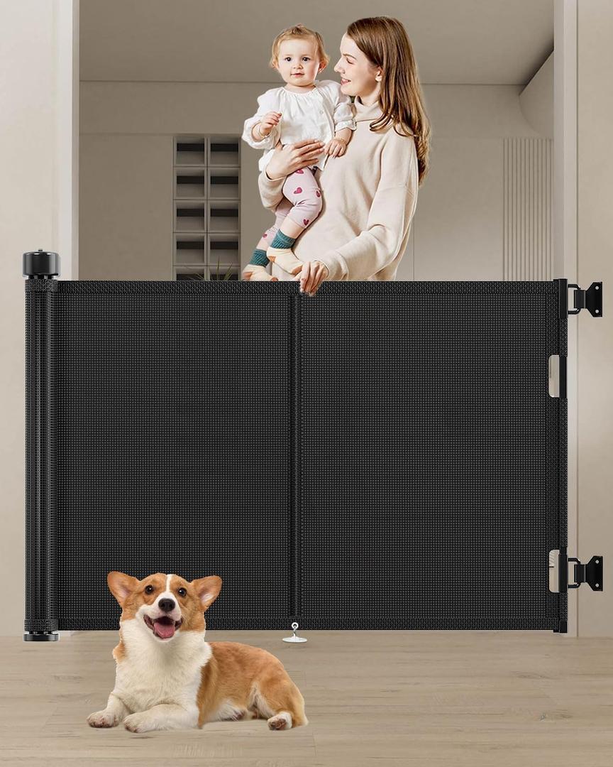 59 inch Retractable Baby Gates 34 inch Tall, Retractable Gate with Reinforced Strip Design to Prevent Crawling Through, 5 FT Retractable Dog Gate for Stairs, Doorways, Hallways, Indoor/Outdoor (Black)