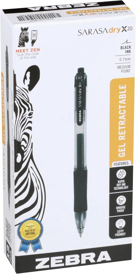 Zebra Pen Sarasa Dry X20 Retractable Gel Pens, 0.7mm Medium Point, Black Ink with Rapid Fast Dry Ink Technology, Ideal for the Left Handed, Elimates Smudging and Smearing in Seconds, 12-Pack (46810)