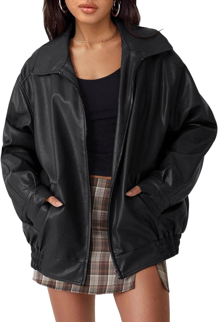 AUTOMET Women's Oversized Faux Leather Jacket Boyfriend Biker Moto Coat Lightweight Fall Bomber Outerwear, XS