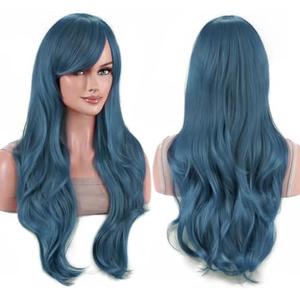 Amazon.com : IMISSU 28 Inch/70cm Long Hair Water Wavy Wigs with Bangs Cosplay Costume Wig (Midnight Blue) : Beauty & Personal Care