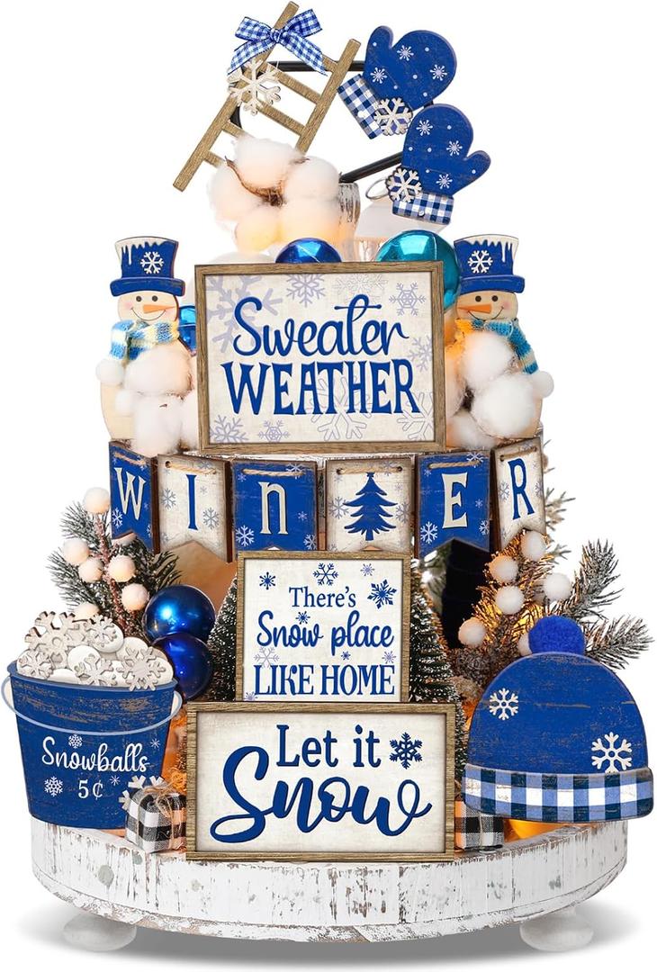 Pickmesh 24 Pcs Winter Tiered Tray Decor Rustic Snowman Table Decoration for Home Snowflake Table Shelf Winter Farmhouse Decor Xmas Trees Pine Signs for Christmas Shelf Kitchen(Bule)