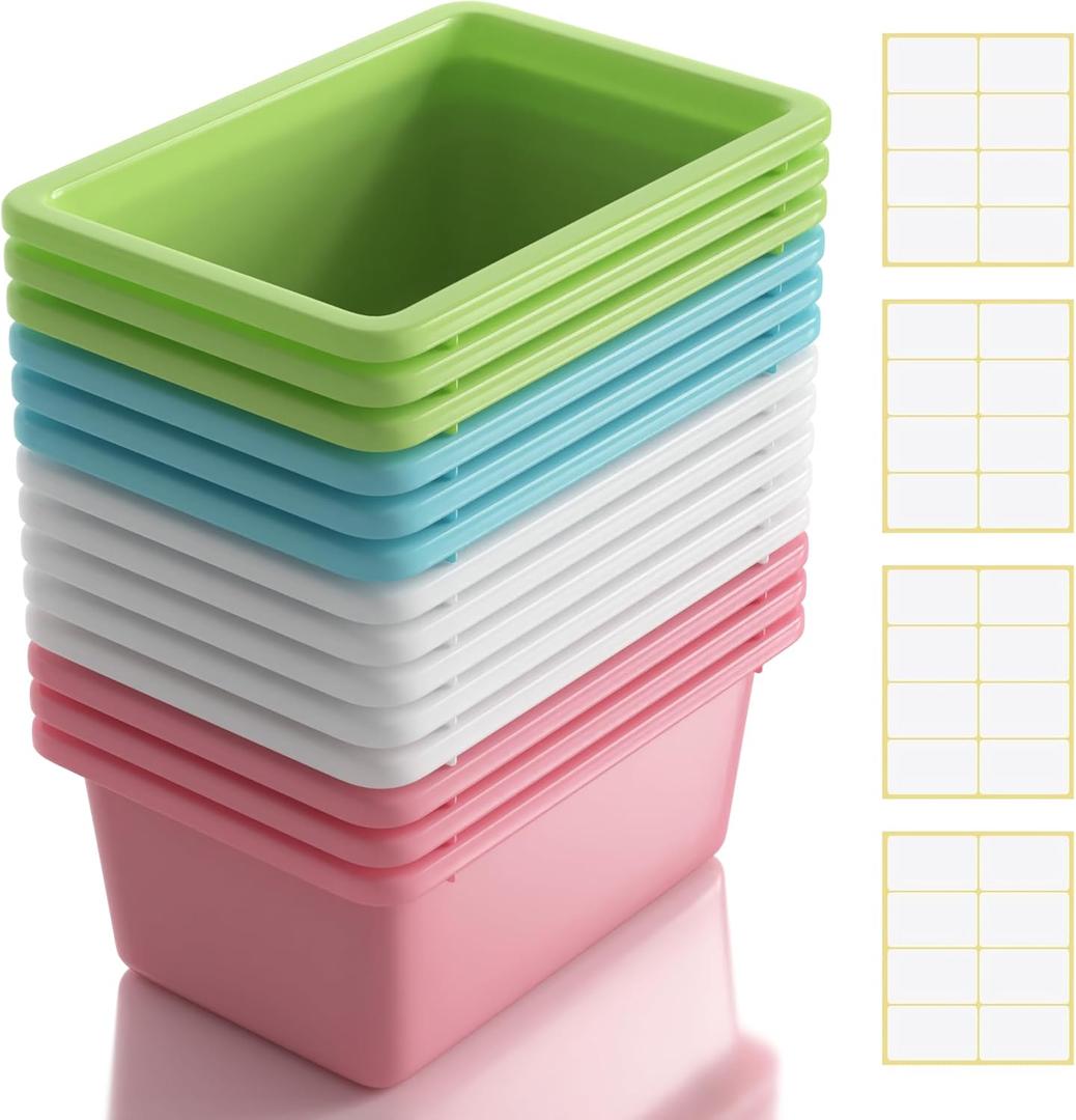 14 Pack Plastic Cubby Storage Bins 12" x 8" x 5", Storage Baskets for Shelves with Self-Adhesive Label Stickers, Classroom Organizer Bins, Desk Organizer Basket for Toys Books Cosmetics Arts & Crafts