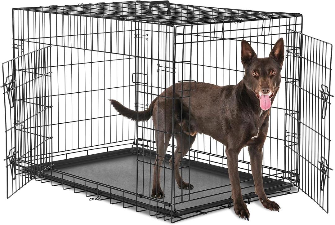 Sweetcrispy Large Dog Crate, 36 Inch Double Door Folding Metal Wire Dog Cage with Plastic Leak-Proof Pan Tray, Pet Kennel for Indoor, Outdoor, Travel (36.61"L x 22.64"W x 24.21"H)