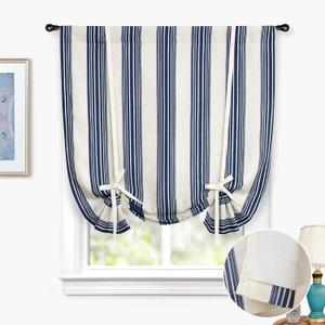 DriftAway Chris Double Layer Linen Blackout Tie Up Curtains Thermal Insulated Fully Lined Vertical Striped Balloon Roman Shade Bathroom Window Adjustable Rod Pocket 45 Inch by 63 Inch Ivory Dark Blue