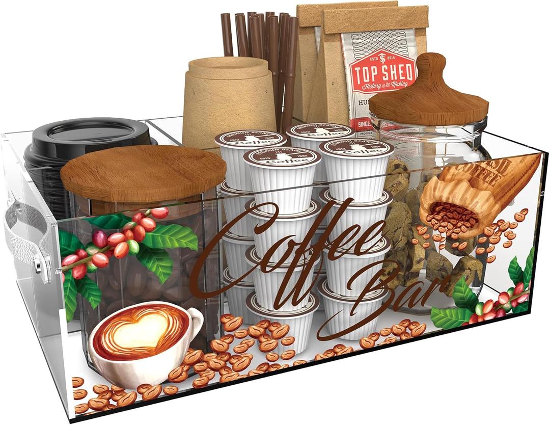 Coffee Bar Organizer, Acrylic Coffee Station Storage Kit for Countertop, Coffee Bar Accessories Organizer with Handle for Kcup Coffee Pods Sugar Syrup Condiment, Office Breakroom Snack Holder
