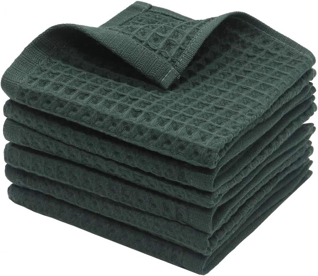 100% Natural Cotton Kitchen Towels Dish Towels Classic Waffle Weave Dish Cloths, Soft Ultra Absorbent Kitchen Hand Towel, Fast Drying Lightweight Washcloth, Set of 6 (Blackish Green)