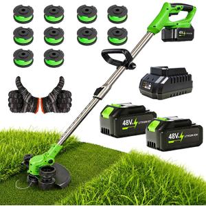 2026 Upgrade 48V 3 in 1 Electric Weed Wacker Cordless, 12’’ Electric Weed Eater Battery Powered 2x4.0AH, Cordless String Trimmer with Auto Spool Feed with 10 Replacement Spools - 1 pc Green