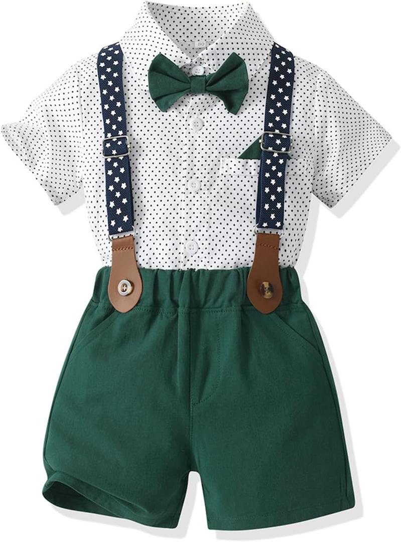 Volunboy Baby Boy Formal Short Set Toddler Summer Gentleman Outfit Kid Short Sleeve Bowtie Shirt Suspender Shorts Suit (12-18 Months, Greenpolka)