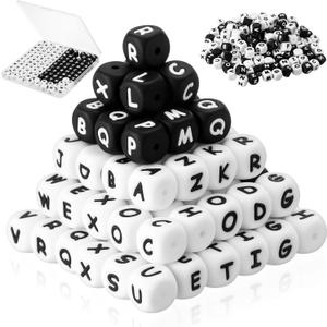 130 Pcs Silicone Letter Beads 12 mm A-z Alphabet Square Black White Letter Bead with Storage Box for Bracelets, Keychains, Necklaces and Lanyards Making DIY Crafts