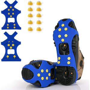 Ice Cleats, Ice Grips Traction Cleats Grippers Non-Slip Over Shoe/Boot Rubber Spikes Crampons with 10 Steel Studs Crampons + 10 Extra Replacement Studs (X-Large, Blue)