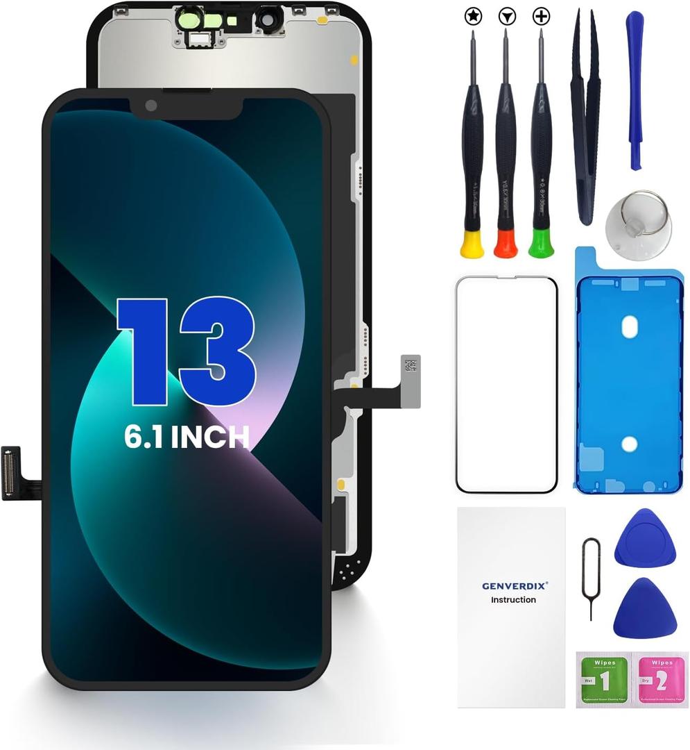 for iPhone 13 Screen Replacement, 6.1 inch 3D Touch LCD Display Full HD Repair kit Genverdix, Digitizer Assembly with Tools Set, Tempered Glass Screen Protector, Waterproof Frame Adhesive