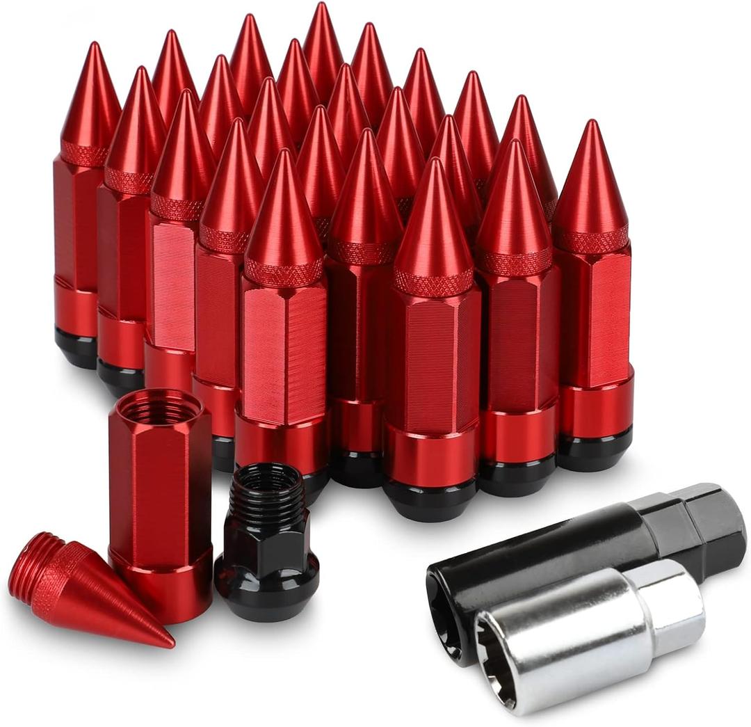 24Pcs Anti Theft Spikes Extended Tuner Wheel/Rims Lug Nut M14X1.5+Socket(Red)